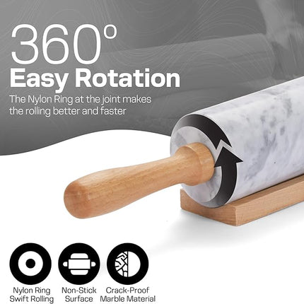 17 Inch Marble Rolling Pin with Wooden Handles & Wood Cradle, Dough Roller for Baking Pizza, Pies, Pastries, Pasta, Cookies