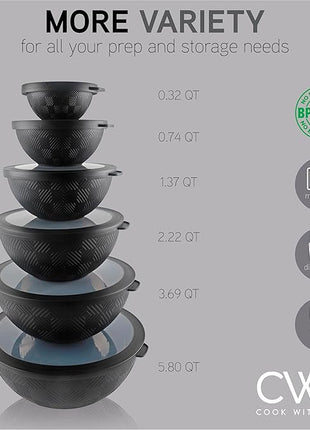COOK WITH COLOR Mixing Bowls with Lids - 12 Piece Plastic Nesting Bowls Set includes 6 Prep Bowls and 6 Lids, Rhombus Design - Microwave Safe (Black)