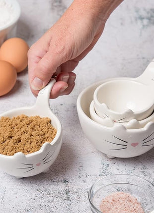 White Ceramic Cat Measuring Cups: Set of Cat Shaped Bowls - 1 Cup, 1/2 Cup, 1/3 Cup and 1/4 Cup