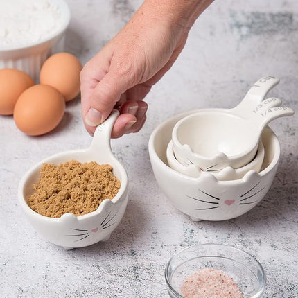 White Ceramic Cat Measuring Cups: Set of Cat Shaped Bowls - 1 Cup, 1/2 Cup, 1/3 Cup and 1/4 Cup