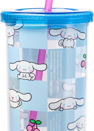 Silver Buffalo Sanrio Hello Kitty and Friends Cinnamoroll Cherry Blue Checkered Plastic Cold Cup with Lid and Straw, 20 Ounces