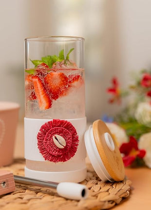 Pandaloo® Glass Cups With Lids and Straws -20 Fl Oz- Perfect Size Iced Coffee Cup - Smoothie Cup With Bamboo Lid and On the go Lid (Ethnic chic-Fabulous Fez, 1 Count (Pack of 1))