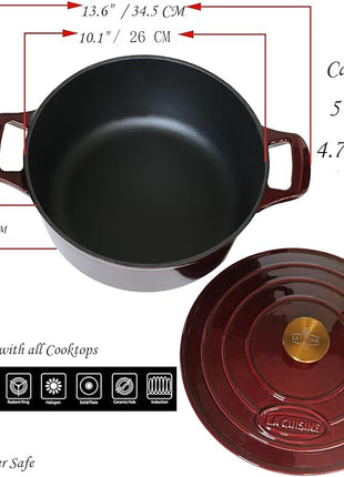 La Cuisine Enameled Cast Iron Dutch Oven Casserole Dish Pot with Lid, 5 QT 10.3“ /26cm Dia. Internal Matte Black Enamel Coating Gold-Plated SS Lid Handle Oven Safe up to 500° F, Cranberry