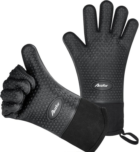 Silicone Cooking Gloves, Grilling Gloves, Heat Resistant Gloves BBQ Kitchen Silicone Oven Mitts, Long Waterproof Non-Slip Potholder for Barbecue, Cooking, Baking