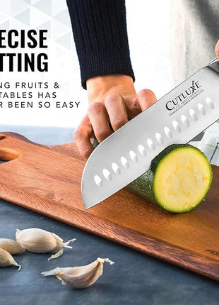 Cutluxe Santoku Knife – 7" Chopping Knife, Vegetable Knife – Forged High Carbon German Steel – Sheath Included – Full Tang & Razor Sharp – Ergonomic Handle Design – Artisan Series