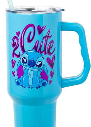 Silver Buffalo Disney Lilo and Stitch “2 Cute” Stainless Steel Tumbler with Handle, Fits in Standard Cup Holder, 40 Ounces