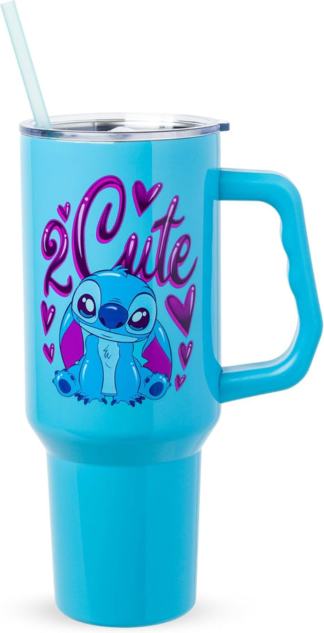 Silver Buffalo Disney Lilo and Stitch “2 Cute” Stainless Steel Tumbler with Handle, Fits in Standard Cup Holder, 40 Ounces
