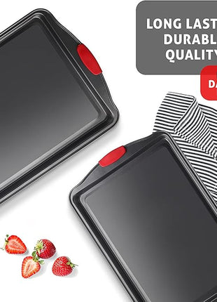 Baking Sheet Set, 2-Piece Large Cookie Sheet Set with Silicone Handles, Steel Baking Pan, Baking Sheets for Oven, BPA Free Cookie Sheets for Baking Nonstick Set, Premium Sheet Pan, Black Baking Tray
