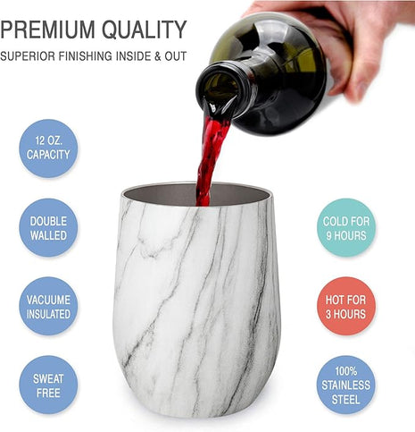 CHILLOUT LIFE 12 oz Stainless Steel Wine Tumblers 2 Pack - Double Wall Vacuum Insulated Wine Glasses Cups with Lids and Straws Set Keeping Cold & Hot for Coffee, Beer, Ice Cream - Carrara Marble
