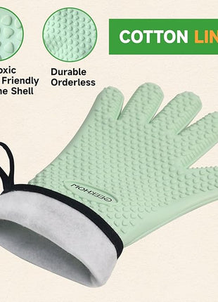 GEEKHOM BBQ Gloves Heat Resistant Oven Mitts - Silicone Grilling Gloves with 14" Long Arm Protection - Waterproof Pot Holder Non-Slip for Men & Women, Kitchen Cooking, Baking, Camping, Mint Green