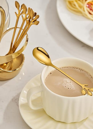 AnSaw Gold Small Coffee Spoon Holder Set,Swan Base With 10 Pcs Demitasse Espresso Spoons Set,4.7" Mini Leaf Dessert Spoon,Stainless Steel Tea Spoons