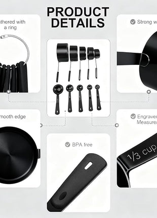 Measuring Cups and Spoons Set, Titanium-Plated Matte Black Stainless Steel 10 Piece for Cooking and Baking (5 Cups + 5 Spoons All Black)