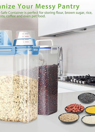 Rice Airtight Storage Container, 3 to 5Lbs Cereal Dry Food Flour Bin, Pet Dog Cat Food Dispenser with Measuring Cup, BPA Free Clear Plastic Kitchen and Pantry Organization Bin for Sugar, Pasta