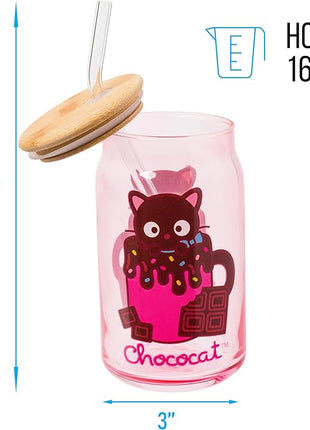 Silver Buffalo Sanrio Hello Kitty & Friends Chococat Chocolate Pink Glass Jar Tumbler with Bamboo Lid and Glass Straw, 16 Ounces