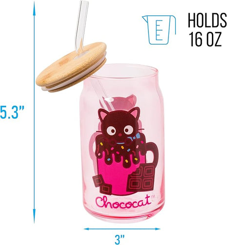 Silver Buffalo Sanrio Hello Kitty & Friends Chococat Chocolate Pink Glass Jar Tumbler with Bamboo Lid and Glass Straw, 16 Ounces