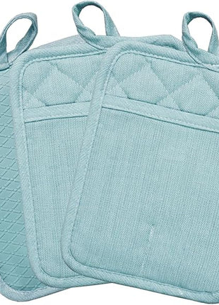 Pot Holders Yarn-Dyed Set of 3 Non Slip Silicone Kitchen Lines Heat Resistant 500℉ Kitchen Gloves BBQ Cooking Baking Cooking Barbecue Microwave Machine Washable (Light Blue Potholders)