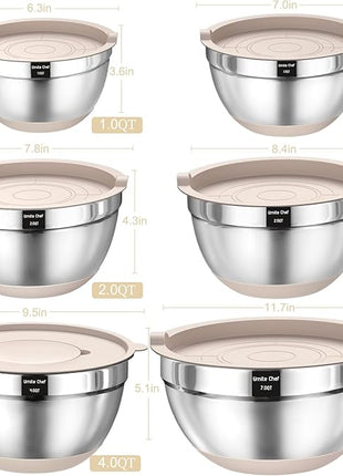 Mixing Bowls with Airtight Lids Set, 26PCS Stainless Steel Khaki Bowls with Grater Attachments, Non-Slip Bottoms & Kitchen Gadgets Set, Size 7, 4, 2.5, 2.0,1.5, 1QT, Great for Mixing & Serving