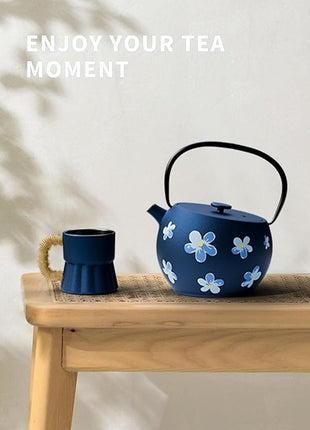 Toptier Teapot with Removable Infuser, Cast Iron Tea Kettle Stovetop Safe, Solid Geometry Ball Design Tea Pot Coated with Enameled Interior for 32 Ounce (950 ml), Navy Flower