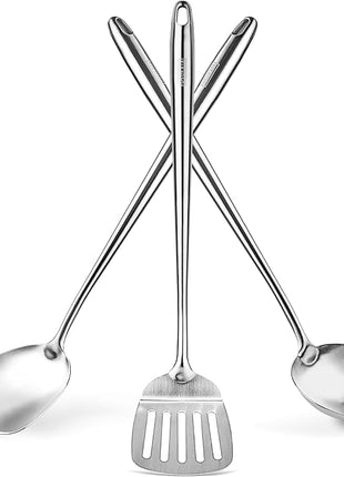 Yosukata 17" Wok Spatula and Ladle and Turner Spatula - Stainless Steel Cooking Utensils Set of 3-304 Stainless Steel Kitchen Utensils Set - Dishwasher Safe Wok Accessories - Cooking Tools