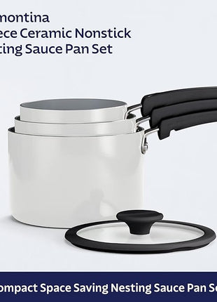 Tramontina Ceramic Non Stick 6-Piece Nesting Sauce Pan Set with Lids - Stackable Nonstick Cookware Set, Dishwasher and Oven Safe, White