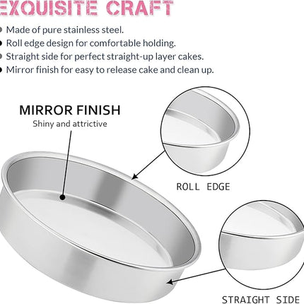 E-far 8 Inch Cake Pan Set of 3, Stainless Steel Round Layer Cake Baking Pans, Non-Toxic & Healthy, Mirror Finish & Dishwasher Safe