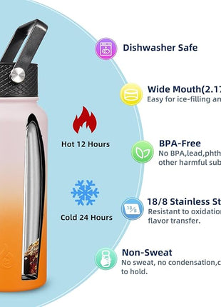 BJPKPK Insulated Water Bottles with Straw Lid, 32oz Metal Large Water Bottle with 3 Lids, Reusable Leak Proof BPA Free Thermo, Stainless Steel Tumblers for Sports, Gym, Travel-Coral