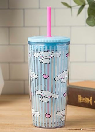Silver Buffalo Sanrio Hello Kitty and Friends Cinnamoroll Hearts and Blue Stripes Plastic Cold Cup with Lid and Straw, 20 Ounces