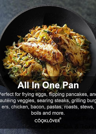 COOKLOVER Nonstick Woks And Stir Fry Pans Die-cast Aluminum Scratch Resistant 100% PFOA Free Induction Wok pan with Lid 12.6 Inch - Black