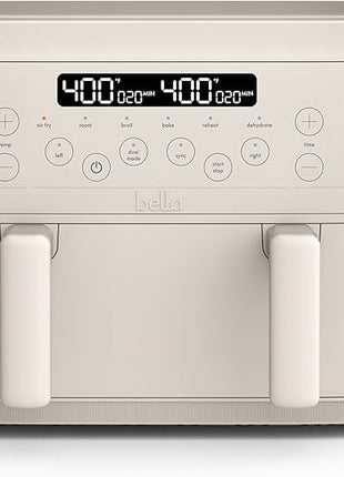 bella 4 Qt TriZone Air Fryer, EverGood™ Ceramic Nonstick Coating, Dual Basket Design w Removable Divider, Digital Touchscreen Control w 6 Preset Cooking Options, 1200 Watt, 3lb Capacity, Oatmilk