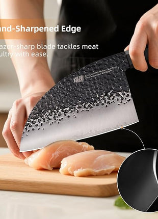 FINDKING Dynasty Series Serbian Chefs Knife with Leather Sheath, Heavy Duty Meat Cleaver, 9Cr18MoV High Carbon Steel Blade, African Rosewood Octagonal Handle, for Meat, Chicken Bones, 6.5 Inches