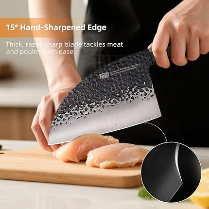 FINDKING Dynasty Series Serbian Chefs Knife with Leather Sheath, Heavy Duty Meat Cleaver, 9Cr18MoV High Carbon Steel Blade, African Rosewood Octagonal Handle, for Meat, Chicken Bones, 6.5 Inches