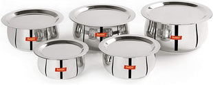 Sumeet Stainless Steel Belly Shape 5 Pc Tope/Cookware/Pot Set with Lid 380ML, 500ML, 780ML, 1.1Ltr, 1.4Ltr, (Silver)