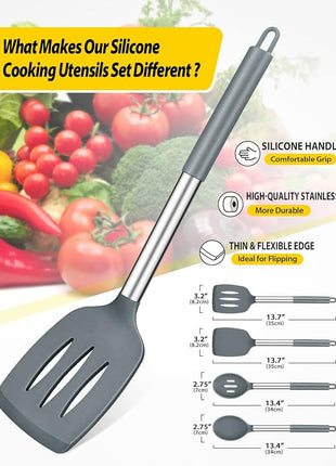 Pack of 4 Silicone Cooking Utensils Set, Non Stick Large Solid Spatulas, Heat Resistant Gray Slotted Spoons, Ideal BPA Free Kitchen Turners for Frying, Mixing,Serving,Draining,Turning,Stirring