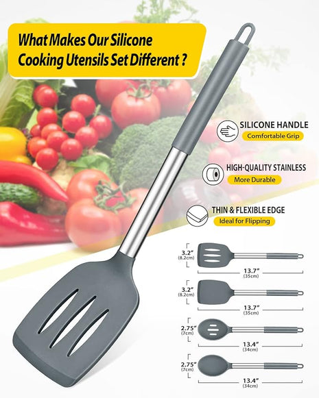Pack of 4 Silicone Cooking Utensils Set, Non Stick Large Solid Spatulas, Heat Resistant Gray Slotted Spoons, Ideal BPA Free Kitchen Turners for Frying, Mixing,Serving,Draining,Turning,Stirring