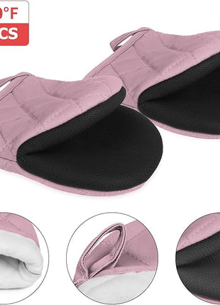 1 Pair Short Oven Mitts, Heat Resistant Silicone Kitchen Mini Oven Mitts for 500 Degrees, Non-Slip Grip Surfaces and Hanging Loop Gloves, Baking Grilling Barbecue Microwave Machine Washable