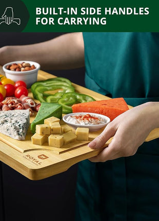 ROYAL CRAFT WOOD Wooden Cutting Boards for Kitchen Meal Prep & Serving - Bamboo Wood Serving Board Set with Deep Juice Groove Side Handles - Charcuterie & Chopping Butcher Block for Meat