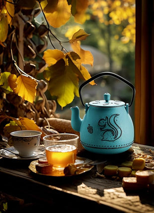 Toptier Teapot with Removable Infuser, Cast Iron Tea Kettle Stovetop Safe, Squirrel Design Tea Pot Coated with Enameled Interior for 32 Ounce (950 ml), Blue