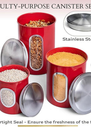 Mixpresso 3-Piece Red Canisters Sets For The Kitchen, Airtight Canister Set With See Through Window, Storage Jars for Coffee Container, Tea Organizer & Sugar Canister, Red Kitchen Canisters