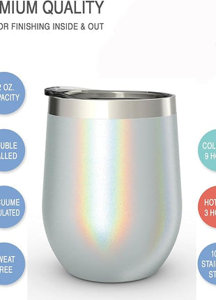 CHILLOUT LIFE 12 oz Stainless Steel Wine Tumblers 2 Pack - Double Wall Vacuum Insulated Wine Glasses Cups with Lids and Straws Set Keeping Cold & Hot for Coffee, Beer, Ice Cream - Holographic Glitter