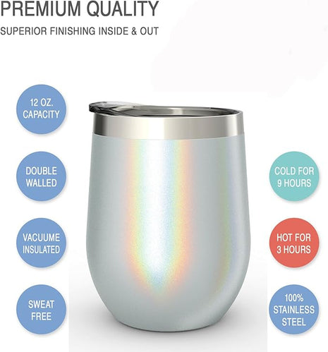 CHILLOUT LIFE 12 oz Stainless Steel Wine Tumblers 2 Pack - Double Wall Vacuum Insulated Wine Glasses Cups with Lids and Straws Set Keeping Cold & Hot for Coffee, Beer, Ice Cream - Holographic Glitter