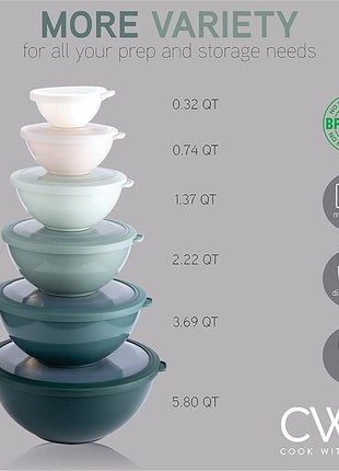 COOK WITH COLOR Nesting Mixing Bowls - 12 Piece Plastic Bowl Set with Lids, Microwave Safe (Green)