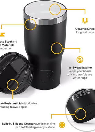 RTIC 20oz Essential Tumbler with Lid, Ceramic Lined, Insulated, Stainless Steel, Metal, Double Wall Vacuum-Insulation, Travel Cup for Iced Coffee, Tea, Hot and Cold Drink, Black