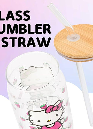 Silver Buffalo Sanrio Hello Kitty Strawberry Glass Jar Tumbler with Bamboo Lid and Glass Straw, 16 Ounces