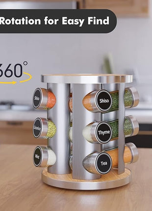 New England Stories Revolving Spice Rack Set with 12 Spice Jars, Kitchen Spice Tower Organizer for Countertop or Cabinet - Carousel Storage Includes 386 Spice Labels