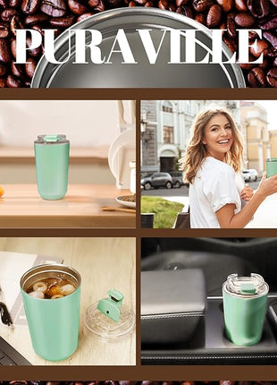Puraville Insulated Tumblers with Lid, 10 oz Travel Coffee Mug Stainless Steel Vacuum Cup, Leak Proof Reusable Double Walled Coffee Tumbler for Iced and Hot Drinks, Green