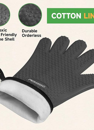 GEEKHOM BBQ Gloves Heat Resistant Oven Mitts - Silicone Grilling Gloves with 13.7" Arm Protection - Waterproof Pot Holder Non-Slip for Men & Women, Kitchen Outdoor Cooking, Baking, Camping, Gray