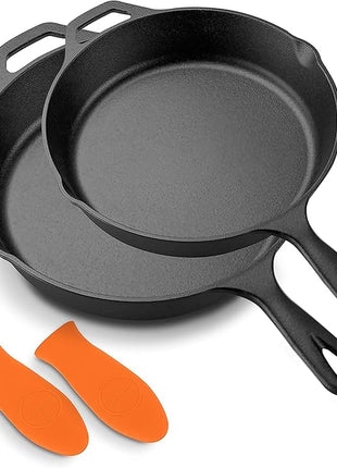 NutriChef 10" & 12" Pre-Seasoned Cast Iron Pans - Durable Nonstick Skillets, Cool-Touch Silicone Handle, For Oven, Grill & All Stovetops