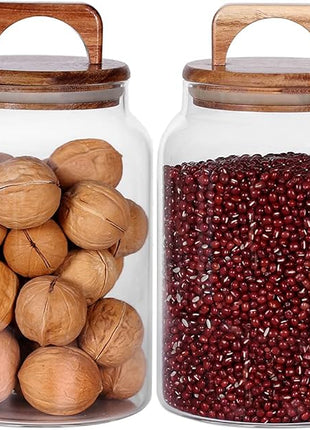 SAIOOL Canister Set of 2, Glass Kitchen Canisters with Airtight Acacia Lid, Tall Clear Airtight Food Storage Jar, Kitchen Pantry Storage Container for Noodles Flour Cereal Coffee