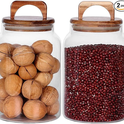 SAIOOL Canister Set of 2, Glass Kitchen Canisters with Airtight Acacia Lid, Tall Clear Airtight Food Storage Jar, Kitchen Pantry Storage Container for Noodles Flour Cereal Coffee