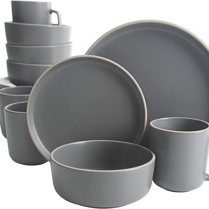 Gibson Home Zuma 16 Piece Round Kitchen Dinnerware Set, Dishes, Plates, Bowls, Mugs, Service for 4, Matte Stoneware, Grey, Gray